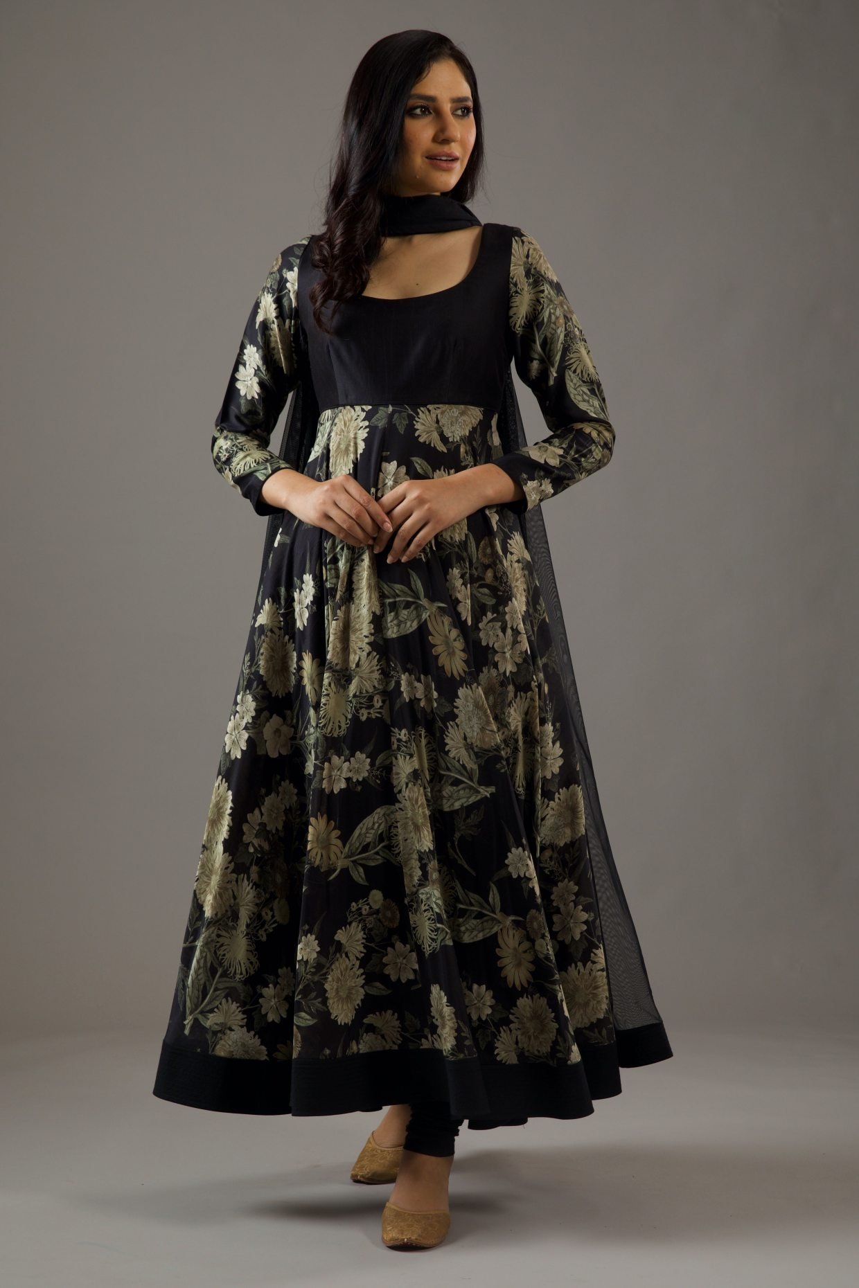 Black Printed Anarkali Kurti Pant & Dupatta Women Designers Salwar Kameez  Dress | eBay