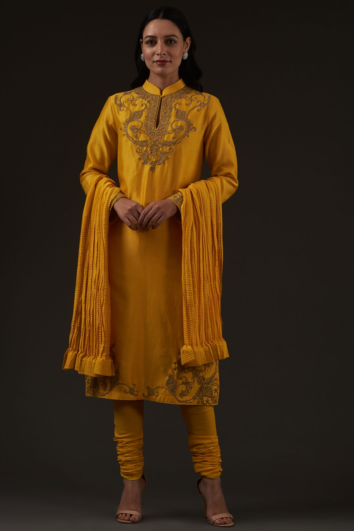 Buy Yellow Color Cotton Fabric Embroidered Kurta with Churidar