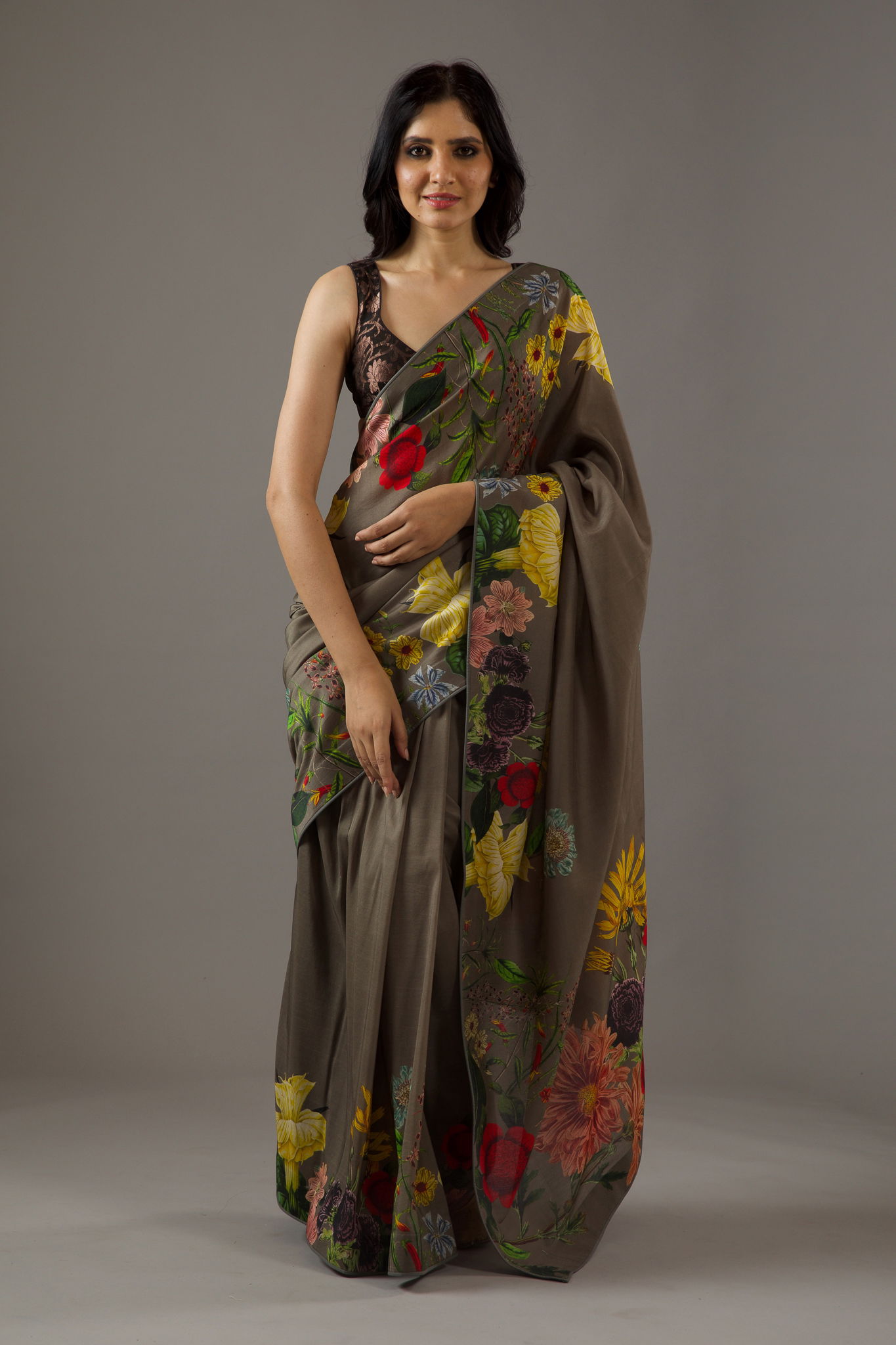 Olive Green Silk Chanderi Saree - Rohit Bal