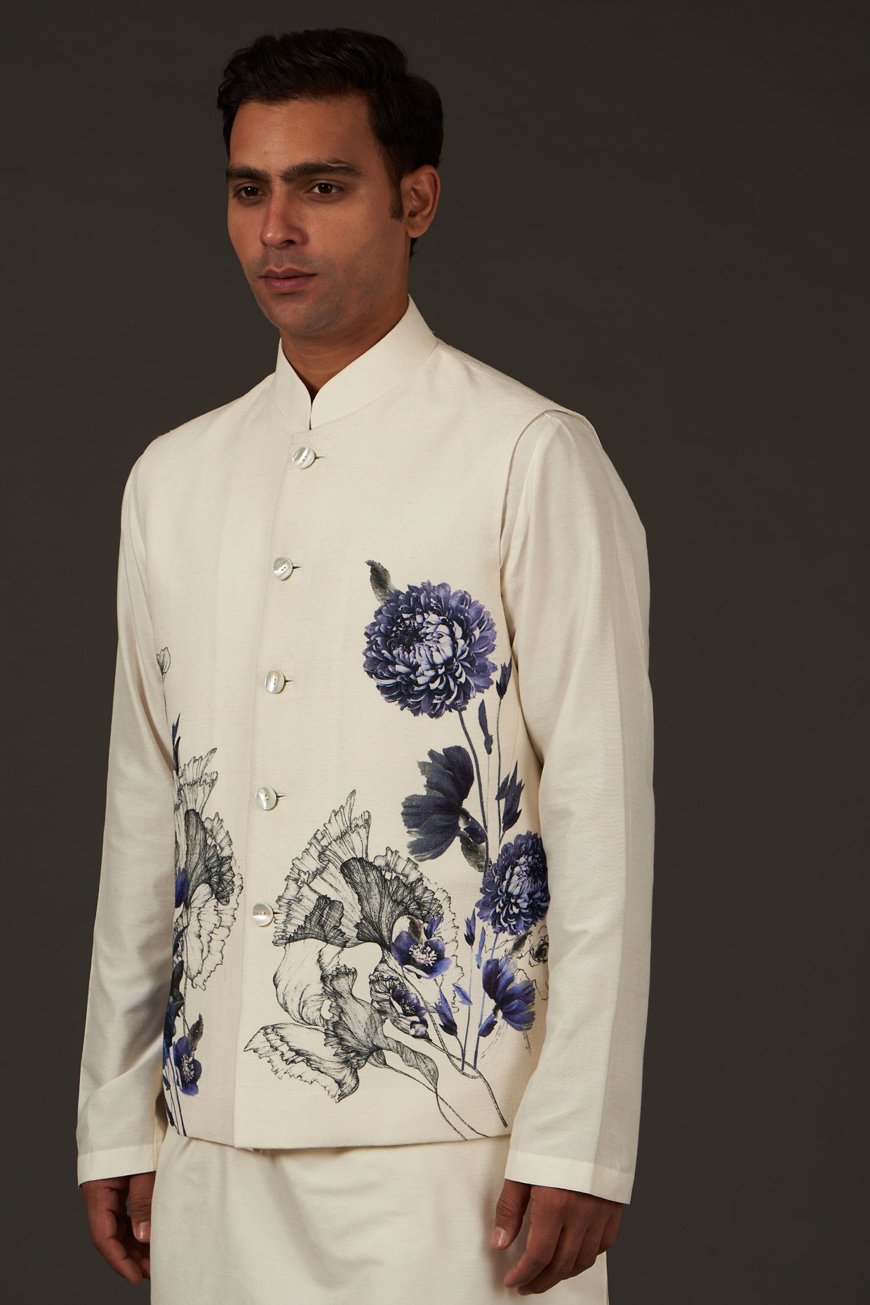 Buy Printed Nehru Jacket with Off white Kurta Pant for Boys Online